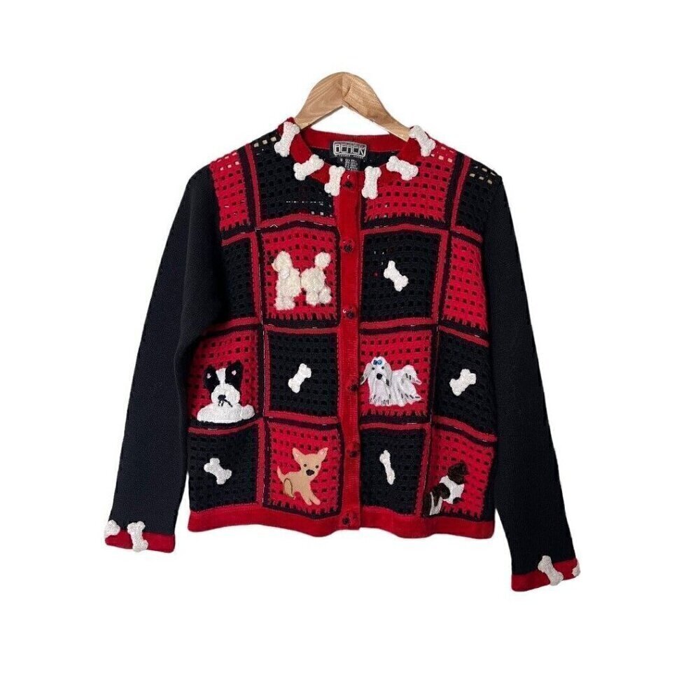 Vintage Berek 2 Tekako Saxon Dog Sweater Black Red S 0935
